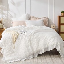 White Comforter Queen Size, 3 Pieces Ruffle Seersucker Queen Comforter Set for