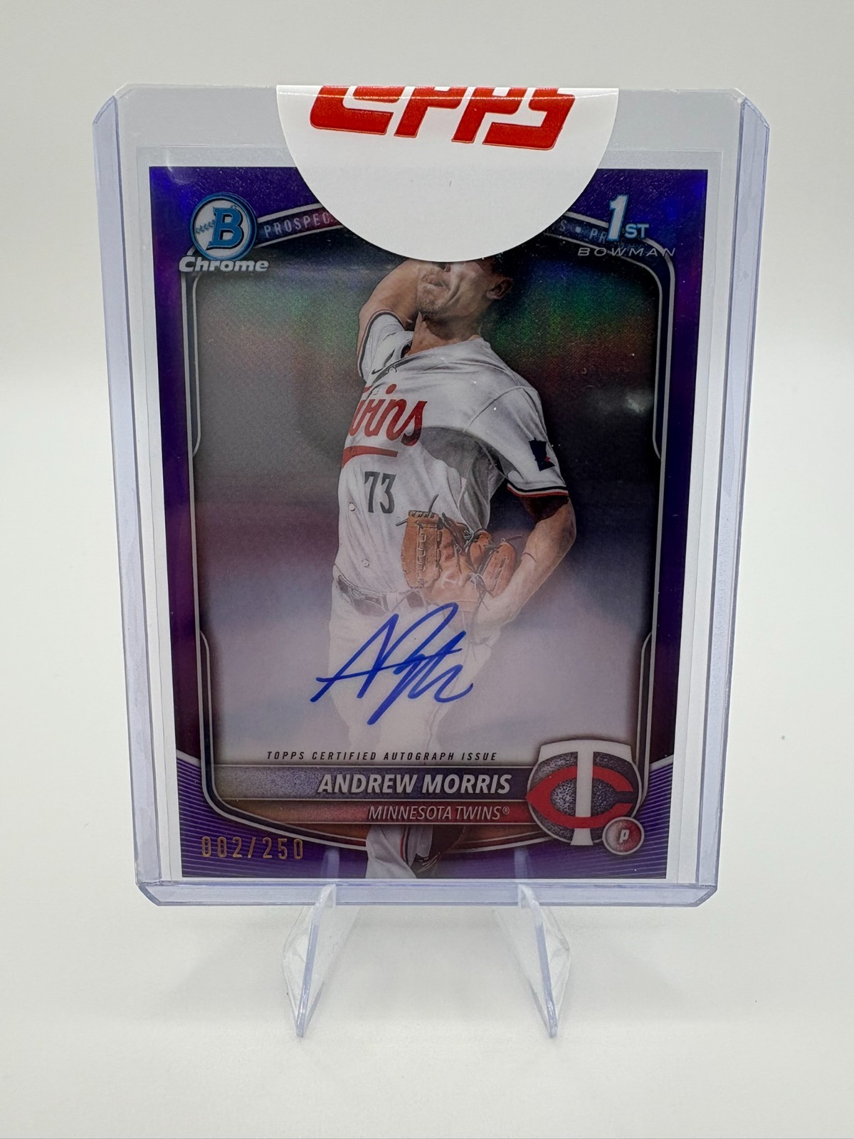 2025 Bowman Chrome Andrew Morris #CPA-AMO Purple Refractor Auto /250 Twins