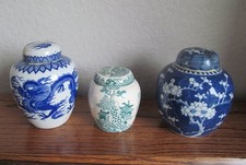 3 x Ginger Jars & Lids, One is a Masons, one with Dragon Decoration, one Flowers