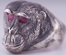 Antique Argento Scimmia Testa Grande Anello da Uomo Mano Engraved-Ruby IN Occhi