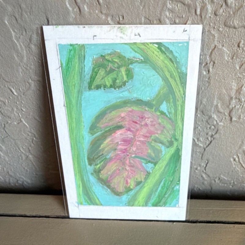 ACEO Original oil pastel Painting Small Unframed Leaf Art Green Pink on Paper