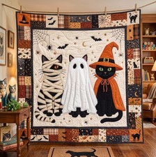 Halloween Cats Quilted Blanket Mummy Ghost Witch Patchwork Throw Fall Decor