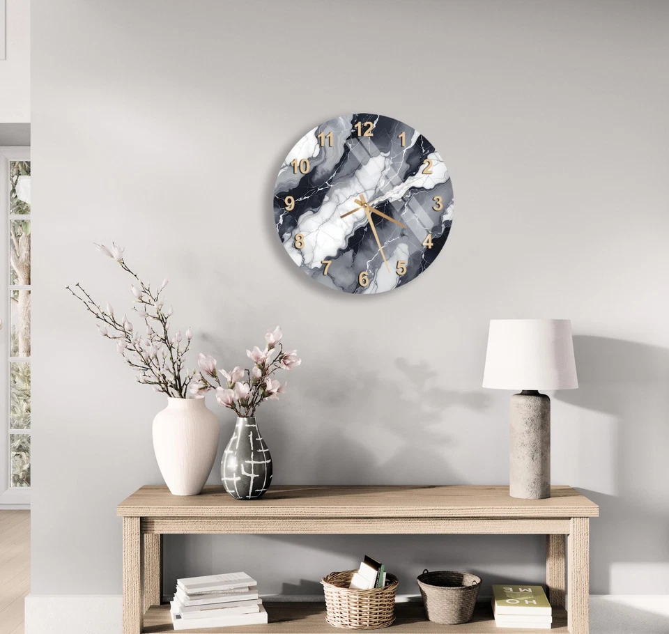 Reloj de pared de vidrio templado de mármol negro y dorado arte de pared gris - glamour moderno  Foto 4 de 4