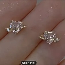 Pink Heart Stud Earrings Metal Stone Butterfly Closure 1.2cm x 0.9cm