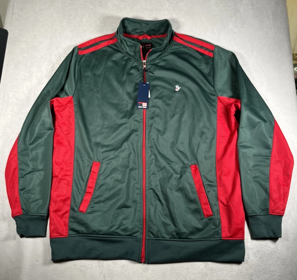 NUEVO CON ETIQUETAS Chaqueta Atlética Phat Farm Hombres XL Poliéster Verde Rojo Bolsillos con Cremallera Completa Foto 2 de 4