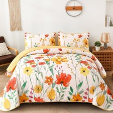 Quilt Set Queen Size, Yellow Floral Reversible Bedspread Soft Microfiber Ligh...