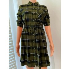 Green Black White Plaid Shirt Dress Cinched Waist Tie Neck Button Front Collared