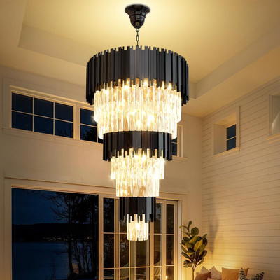 Luxury 8-Tier Black Crystal Chandelier for High Ceilings & Entryways