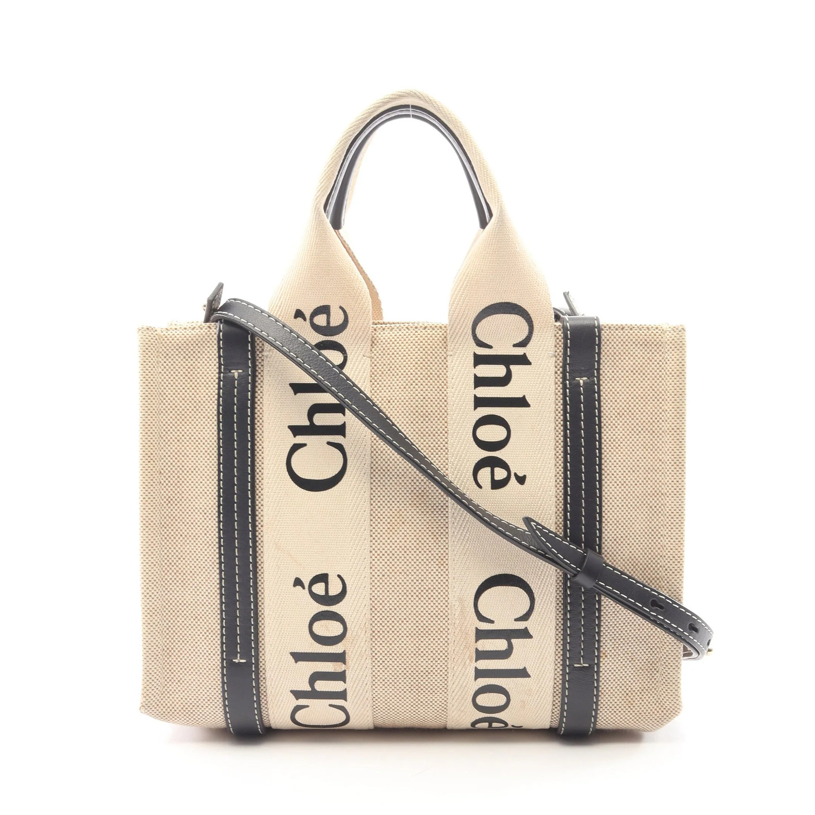 Chloe WOODY SMALL 2WAY Tote Bag Black Leather Canvas Women's #RCB13840