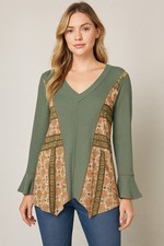 BiBi Boho Patchwork Waffle Knit Top Green Floral Long Sleeve Women s Size L