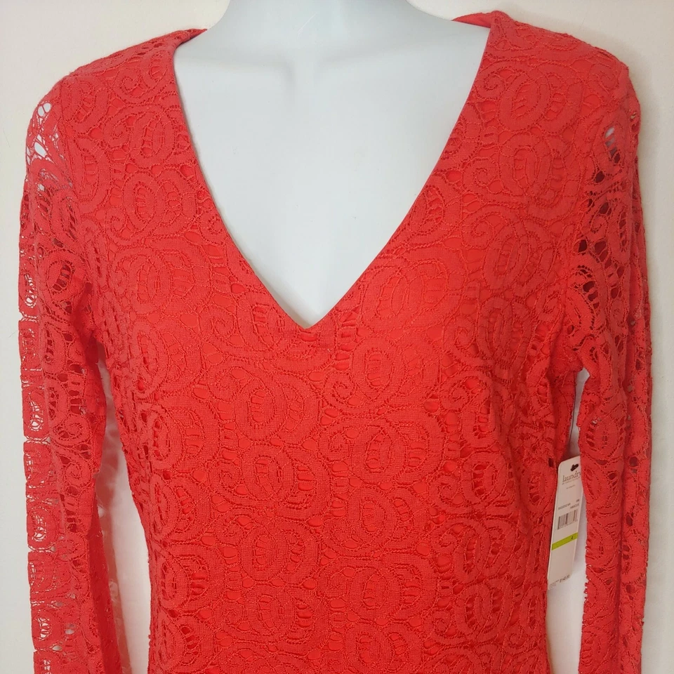 NWT Laundry By Shelli Segal Dress Women 4 All Over Lace Orange L/S Vneck Mini - Image 2 of 4