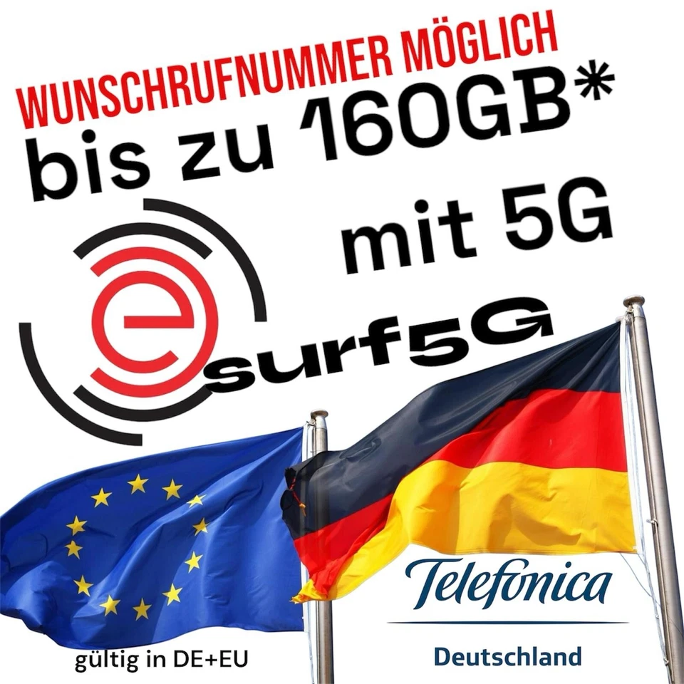 SIM e surf 5G bis zu 160GB* Internet EU Europa - Wunschrufnummer auswahl möglich - Bild 1 von 1