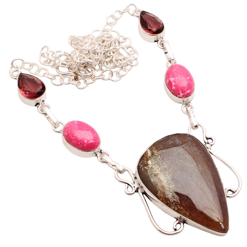 Pendentif En Agate Du Montana Fait Main - Serti, Plaque Argent, Pierre Multicolore