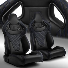 Black Wblue Stitching C-series Pvc Reclinable Leftright Racing Seats Pair Black Wblue Stitching C-series Pvc Reclinable Leftright Racing Seats Pair