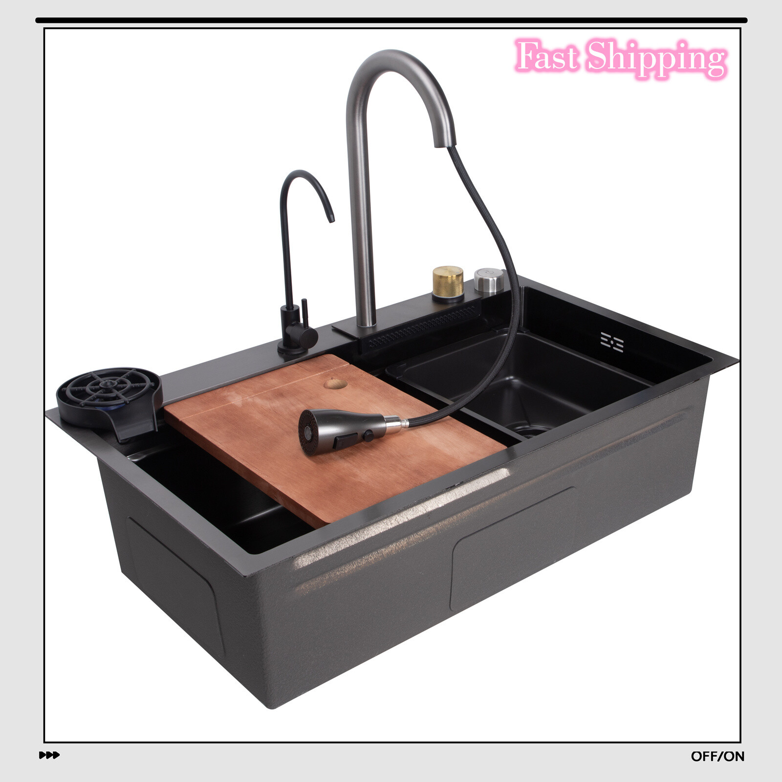 Flying Rain Stainles Steel Waterfall Kitchen Sink with Pull Down Faucet Black US
