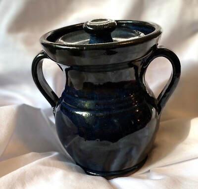 NC Pottery Jar w/Lid Dark Blue Glaze Signed J B Calhoun Traditions Blowing Rock