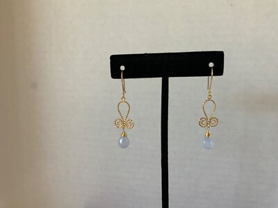 RARE VTG 14k GOLD Ephesian Spiral Wire Blue Chalcedony Earrings Turkey 2.90g