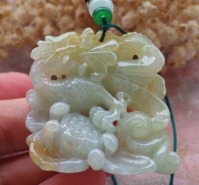 Certified Yellow Burma 100% Natural A Jade jadeite Pendant Dragon 生意兴隆 659422 TN