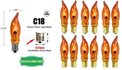 Lot of 12 Flicker Flame Light Bulbs, E12 Candelabra Base, 3 watt , Amber, Orange