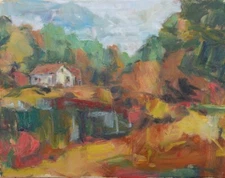 Art Original Oil Painting RM Mortensen "The Parsons Cottage" Abstract Landscape
