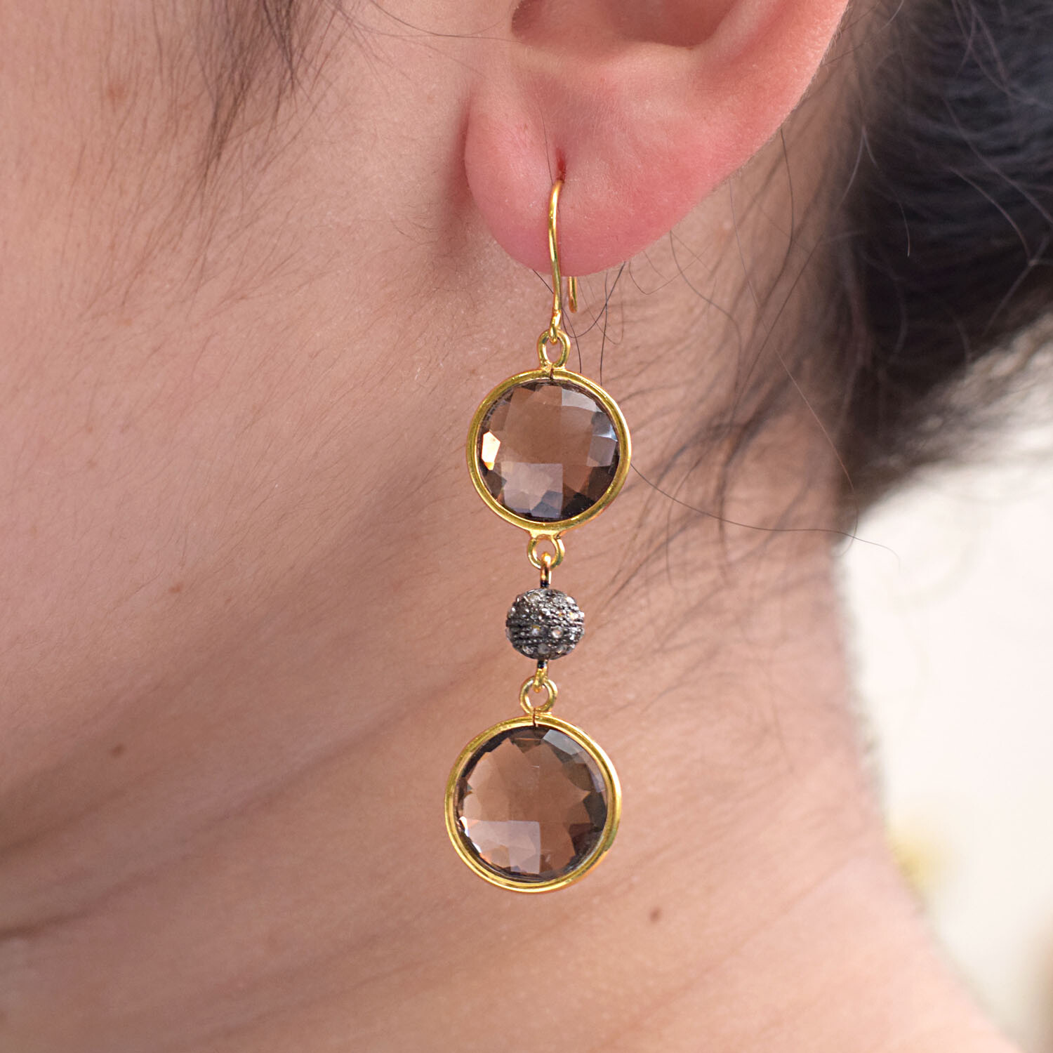 Diamante Pavé 14K Oro Amarillo Ahumado Gema Pendientes Largos 925 Joyería Plata