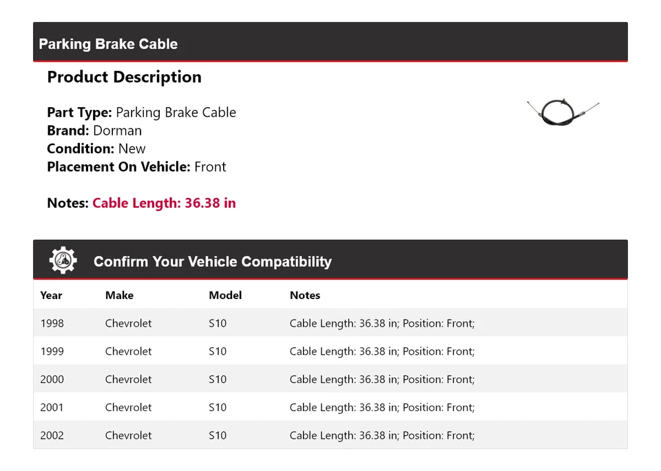 Cable de freno de estacionamiento delantero para Chevrolet S10 Dorman 1998-2002 1999 2000 2001 Foto 2 de 4