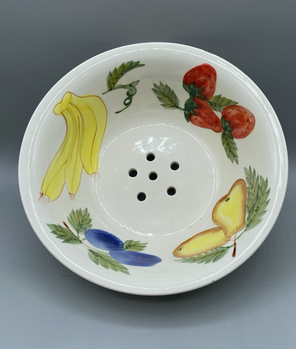 Vintage Ceramic Colander/ Strainer Hand Painted Fruit Retro 8.5" Diam x 3.25"H