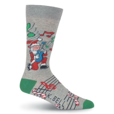 Rockin' Santa Men Crew Socks Size 10-13 Grey K Bell Musical Holiday Fashion New*