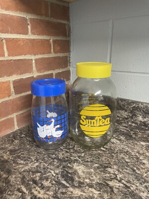 Vintage Carlton Glass 3L SunTea Glass Jar w/ Recipe & 1.5 Liter Blue Lid Goose