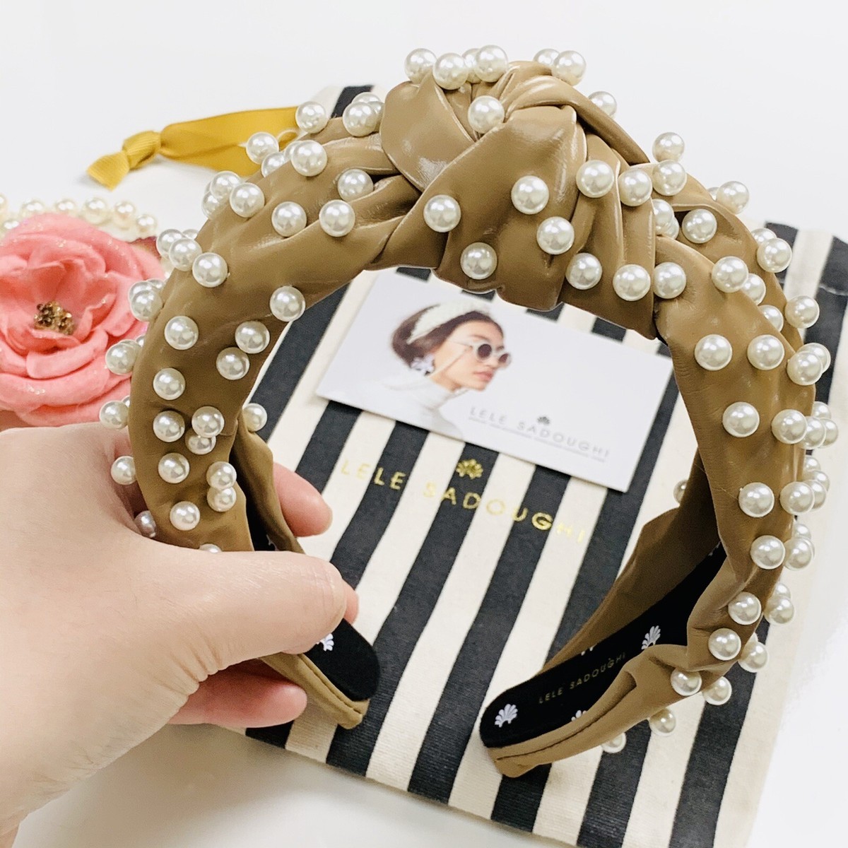 Lele Sadoughi faux leather gingerbread pearl headband LELE SADOUGHI GINGERBREAD FAUX LEATHER PEARL HEADBAND | eBay main image 4