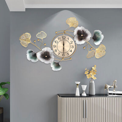 90*45cm Large Wall Clock Ginkgo Leaf Metal Wall Watch for Living Room Home Decor