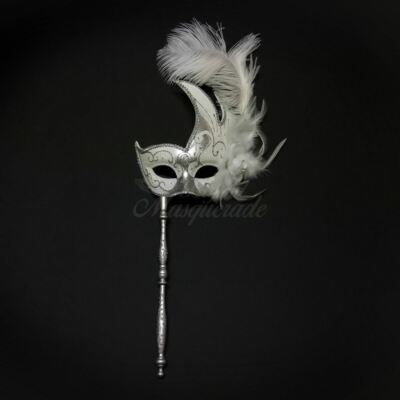 Holding Stick Party Mask | Feather Masquerade Mask Silver White M6131