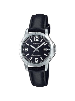 Casio LTP-V004L-1B Women's Silver Tone Leather Band Black Dial Date Dress Watch