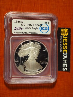 1986 S PROOF SILVER EAGLE ICG PR70 DCAM AUSTIN HUTTO HAND