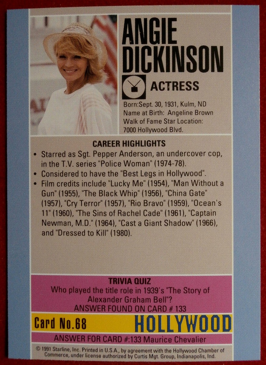 Hollywood Walk Of Fame Card #068 Angie Dickinson Starline 1991