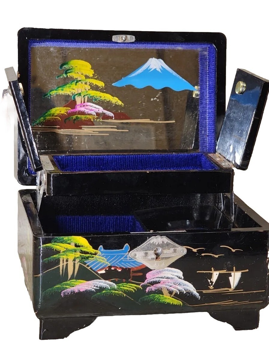 Vintage Japanese Black Lacquered Hand Painted Musical Jewelry Box