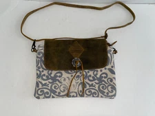 Myra Bag Ivy Small Crossbody Grey Swirl Canvas Fabric and Leather Handbag