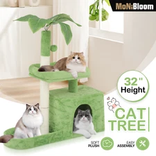 32" Cat Tree Tower Scratching Post Cat Scratcher Green-Leave Playing Condo House