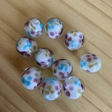 10 WHITE ROUND WITH BLUE YELLOW PINK FLOWER  LAMPWORK Glass Beads 14mm DIY