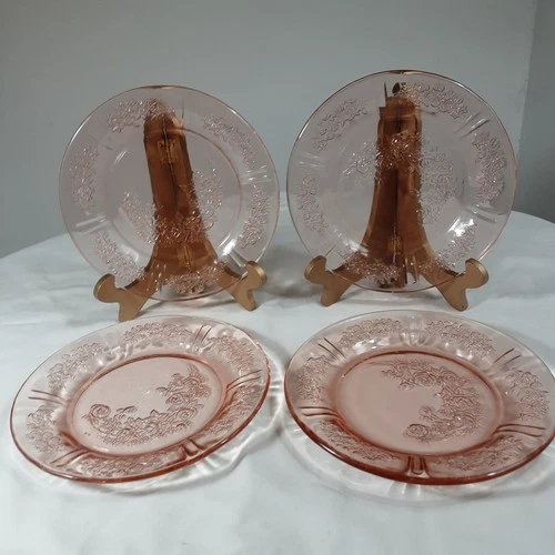 Vtg Set 4 Federal Glass Sharon/Cabbage Rose 6" Dessert Bread Butter Plates Pink