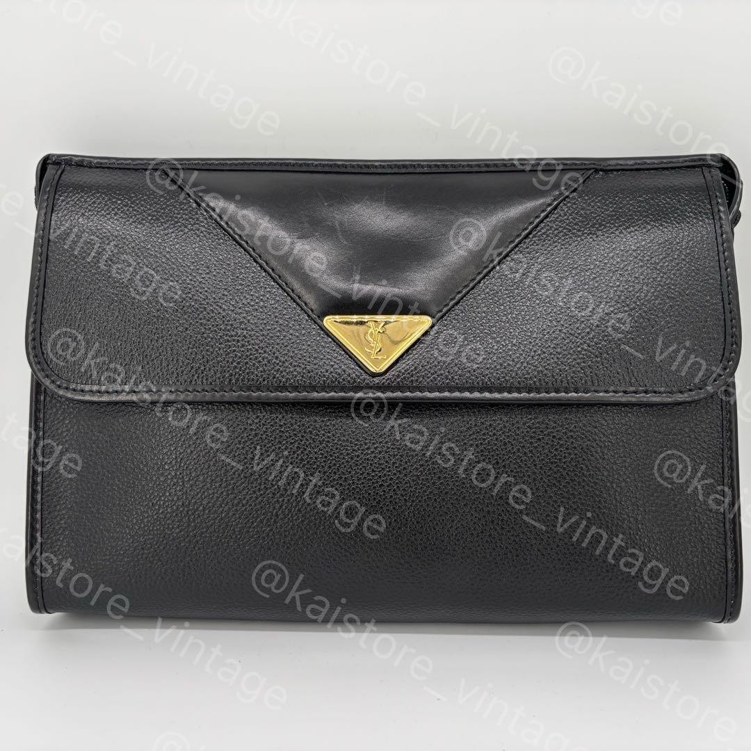 Borsa pochette Yves Saint Laurent vintage in pelle nera triangolo oro dal Gia...