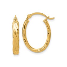 14k Yellow Gold Twisted Oval Hoop Earrings Polished Finish Hinged Lightweight