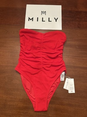 NWT $275 MILLY Bandeau Red Ruched  ONE PIECE  bathing suit WOMENS L