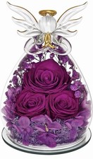 Preserved Rose Angel Glass Dome LED Gift Purple Forever Flower Decor Birthday