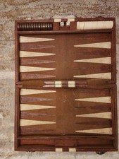 Vintage 1970s Backgammon Set Brown Faux Leather Briefcase Travel Game
