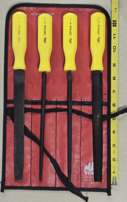 MAC Tools USA 4pc File Set Lot 12  Long Yellow Hard Handle, Red Storage Pouch
