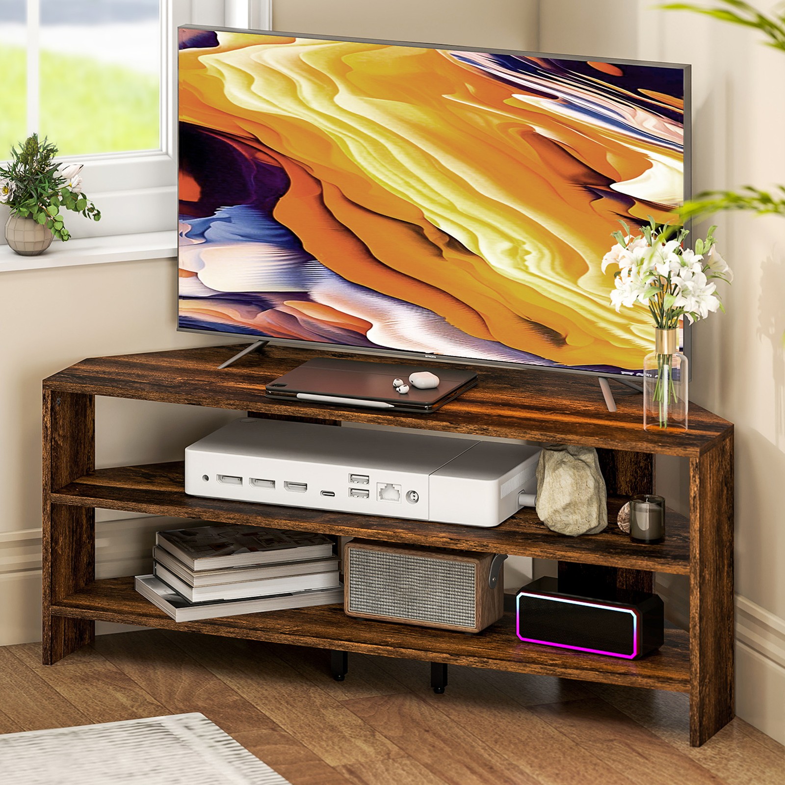 HOMCOM Corner TV Stand, TV Unit with Open Shelves for 47 Inch TV, Brown