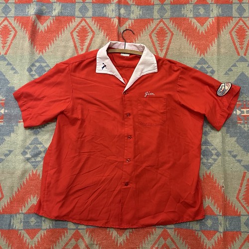 Camicia da bowling vintage anni 60 King Louie punto catena taglia XXL rossa e bianca Jim
