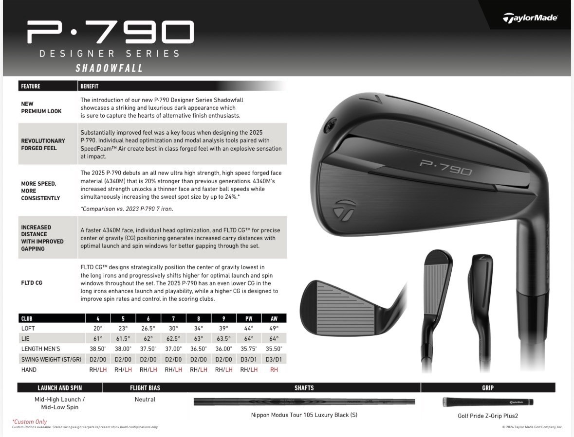 TaylorMade 2026 P-790 Shadowfall 4-PW Iron Set Modus3 Tour 105