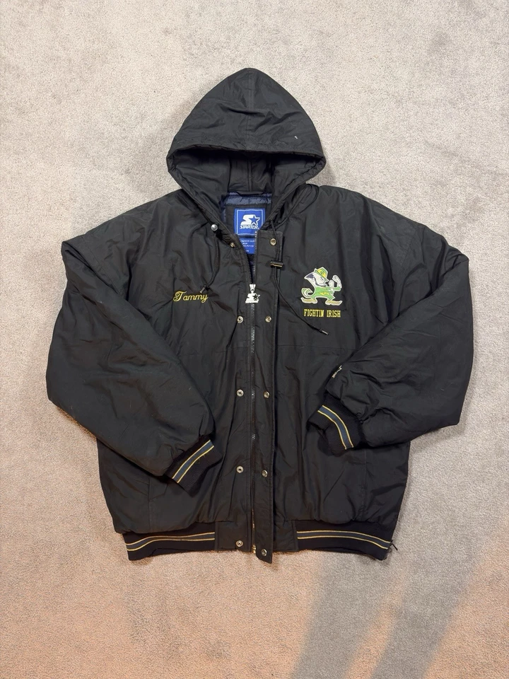 Vintage NOTRE DAME Jacket Adult XL STARTER 90s Hooded Puffer Korea Made - Image 3 of 4